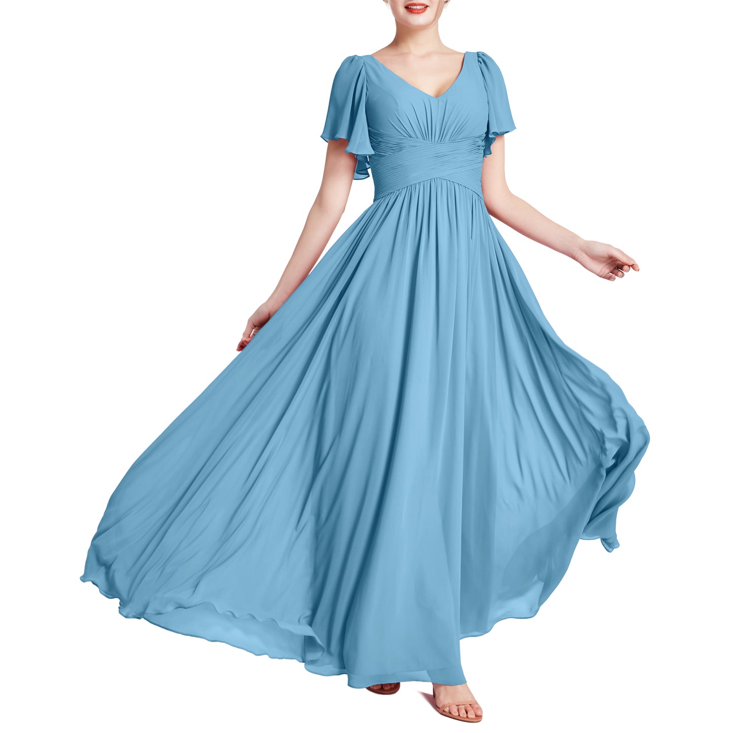 MACloth Vestidos de dama de honor románticos para fiesta de boda con cuello en V y manga corta para mujer