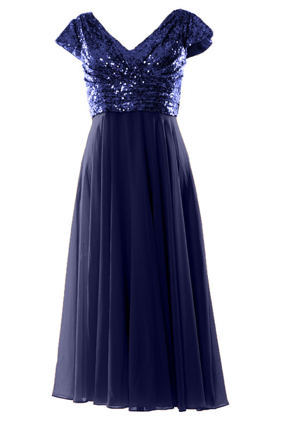 MACloth Women Mother of Bride Dresses Tea Length Sequin Cap Sleeves Bridesmaid