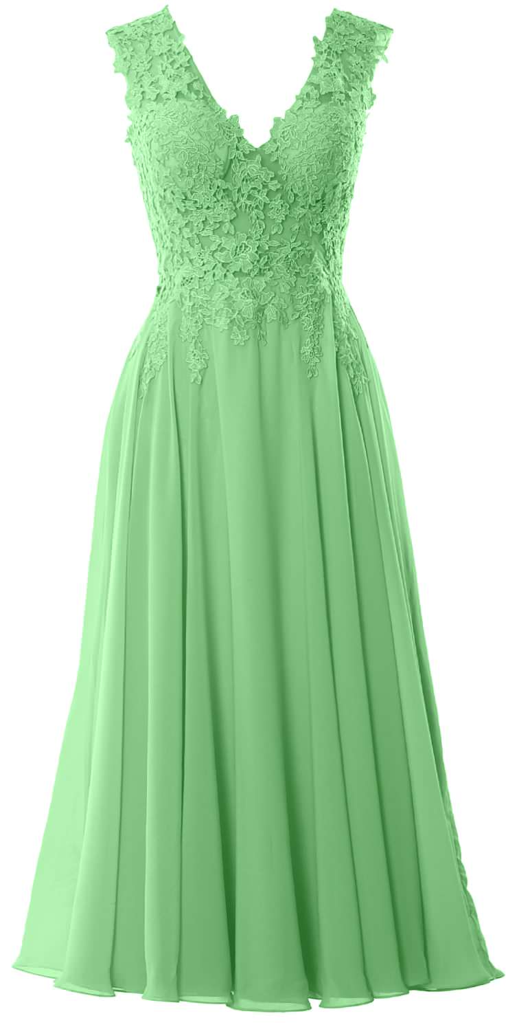 MACloth Women V Neck Lace Mother Bride Dresses Midi Tea Length Wedding Dinner