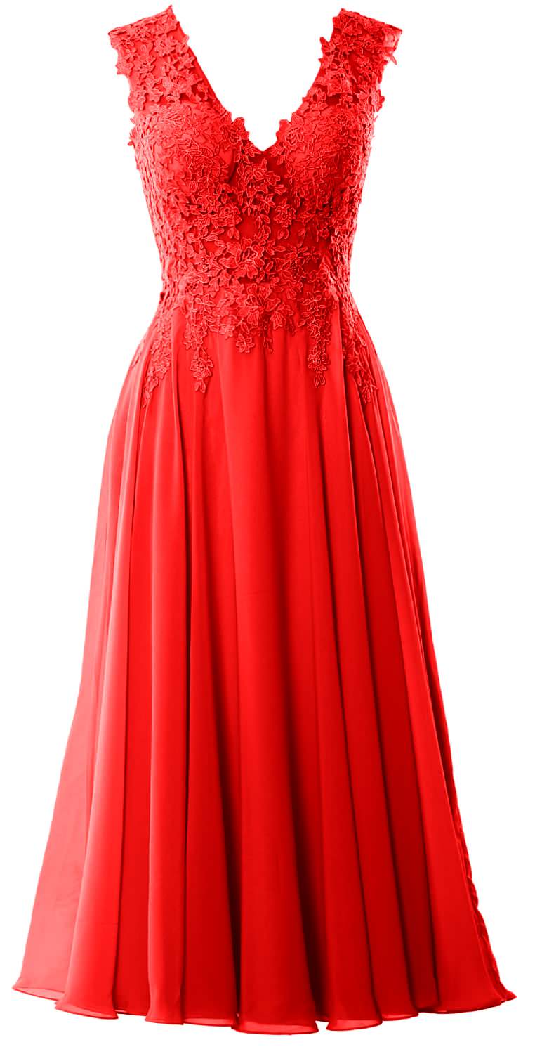 MACloth Women V Neck Lace Mother Bride Dresses Midi Tea Length Wedding Dinner