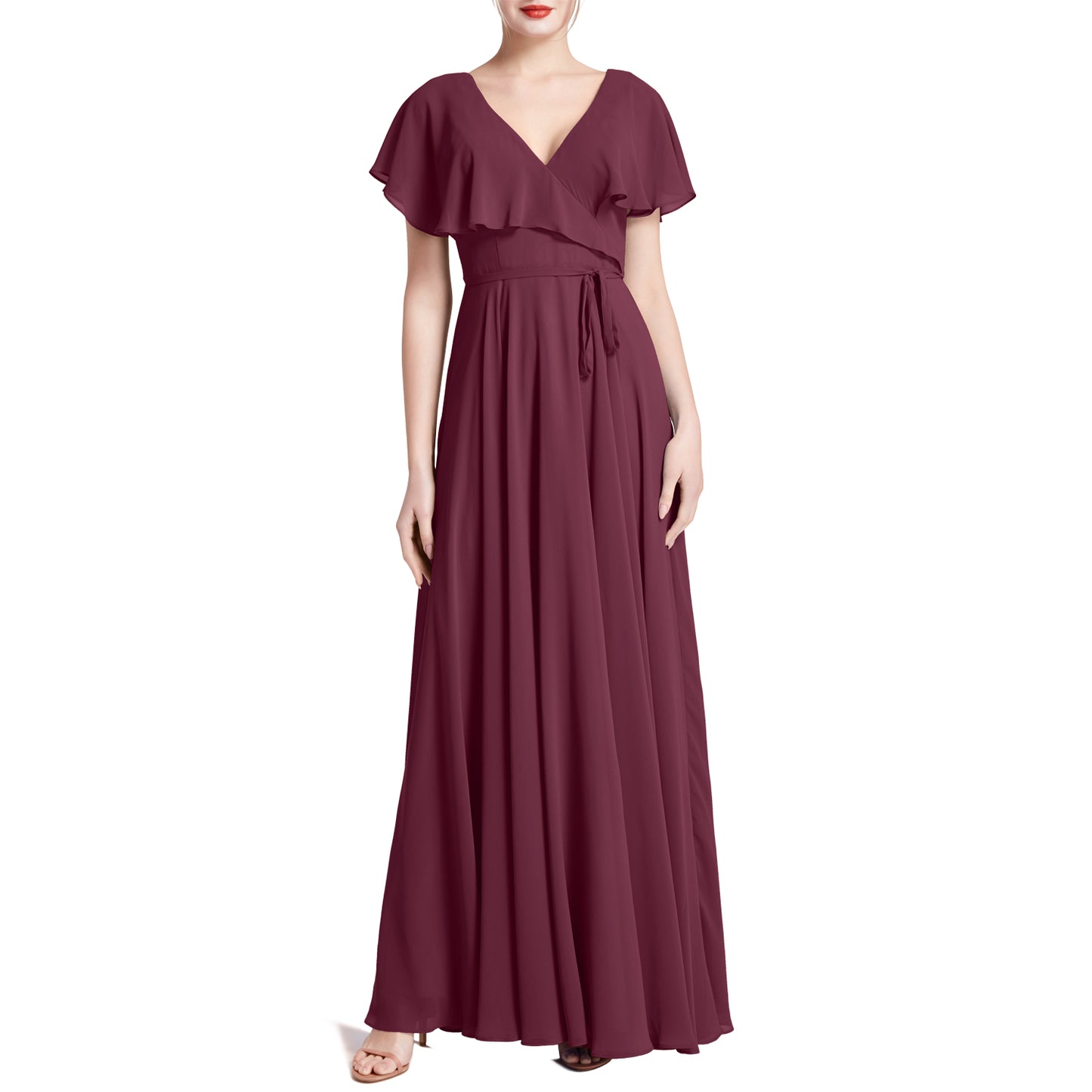 MACloth Women V Neck Ruffle BatWing Short Sleeve Maxi Wedding Bridesmaid Dresses