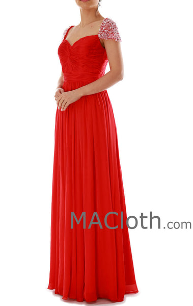 MACloth Women Cap Sleeves Sweetheart Long Red Prom Dress Chiffon Ball Gown 160178