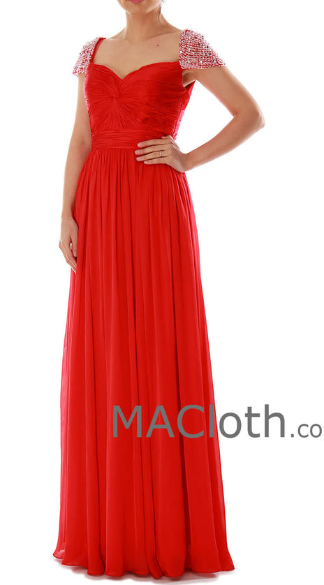 MACloth Women Cap Sleeves Sweetheart Long Red Prom Dress Chiffon Ball Gown 160178