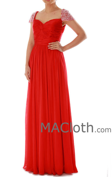 MACloth Women Cap Sleeves Sweetheart Long Red Prom Dress Chiffon Ball Gown 160178