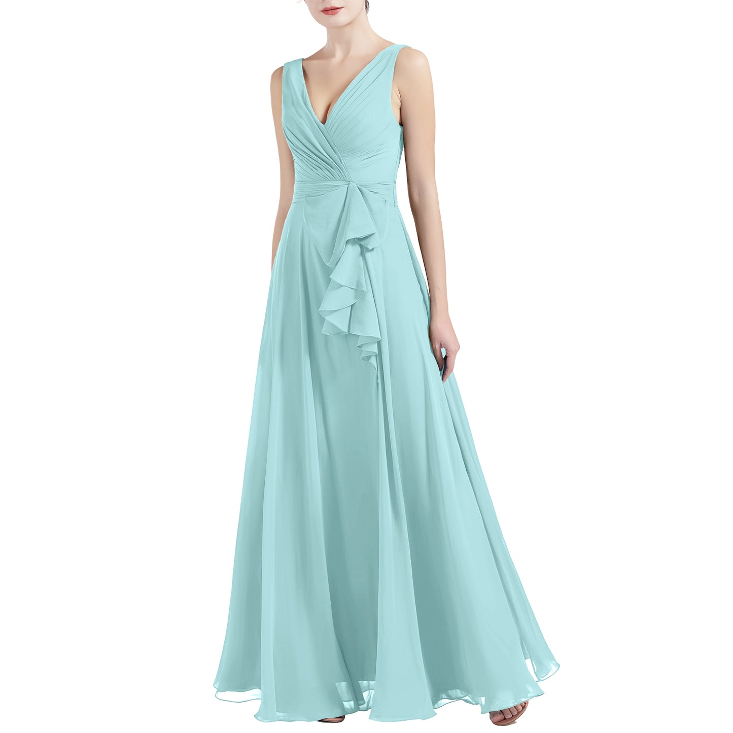 MACloth Women V Neck Long Pleated A Line Wedding Party Bridesmaid Dresses Slit
