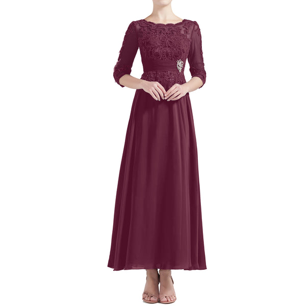 MACloth Women Tea Length 3/4 Sleeve Boat Neck Mother Bride Dresses Bridal Party