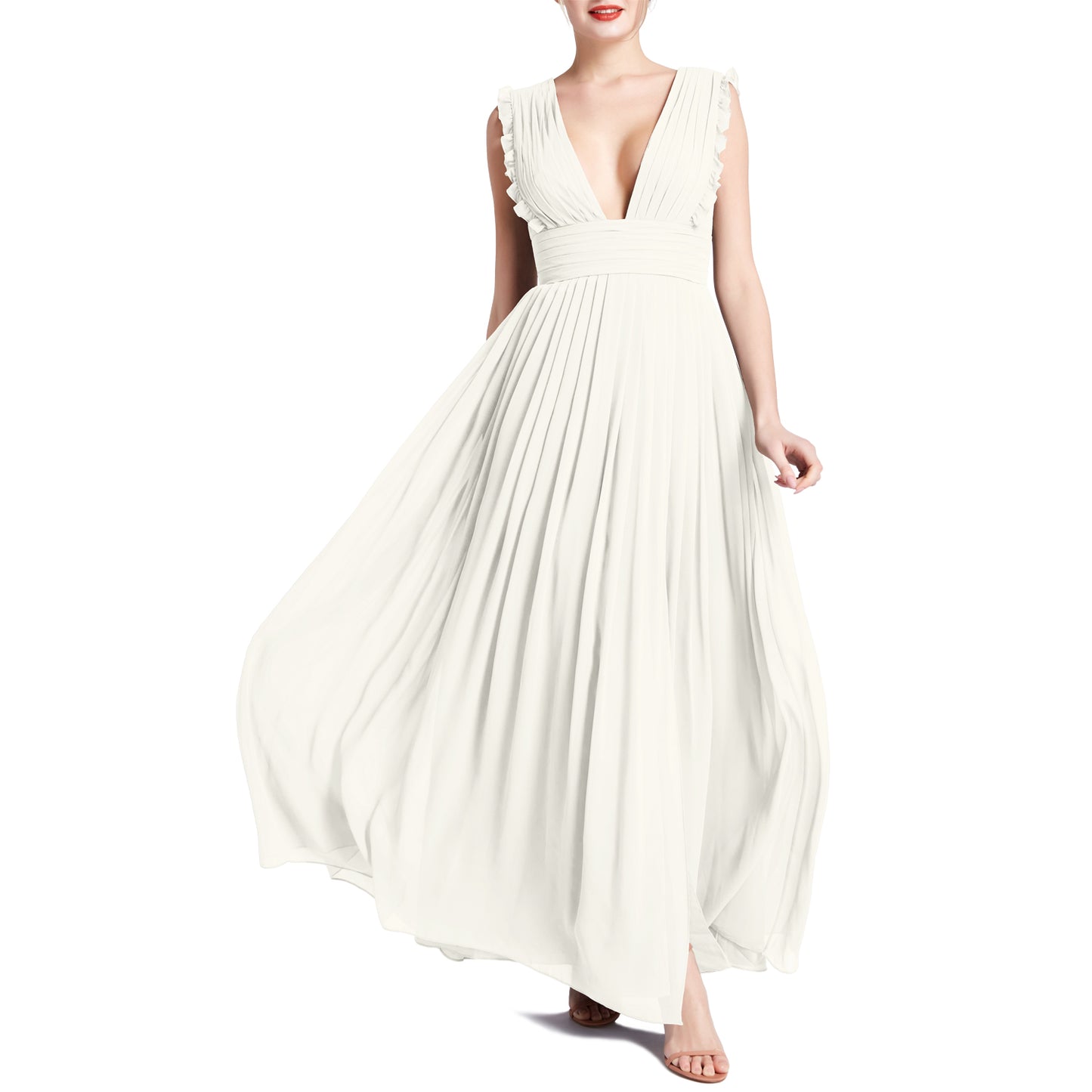 MACloth Women V Neck Ruffle Long Pleated Wedding Party Bridesmaid Dresses