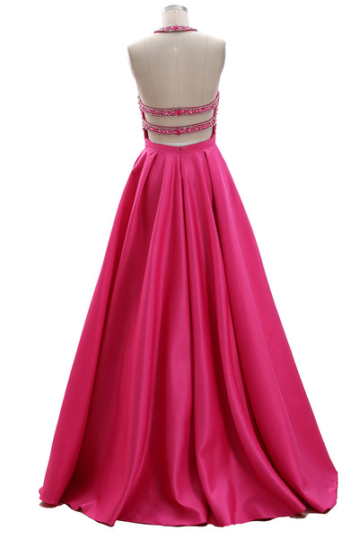 MACloth Women Halter Beaded Satin Formal Evening Gown Open Back Long Prom Dress