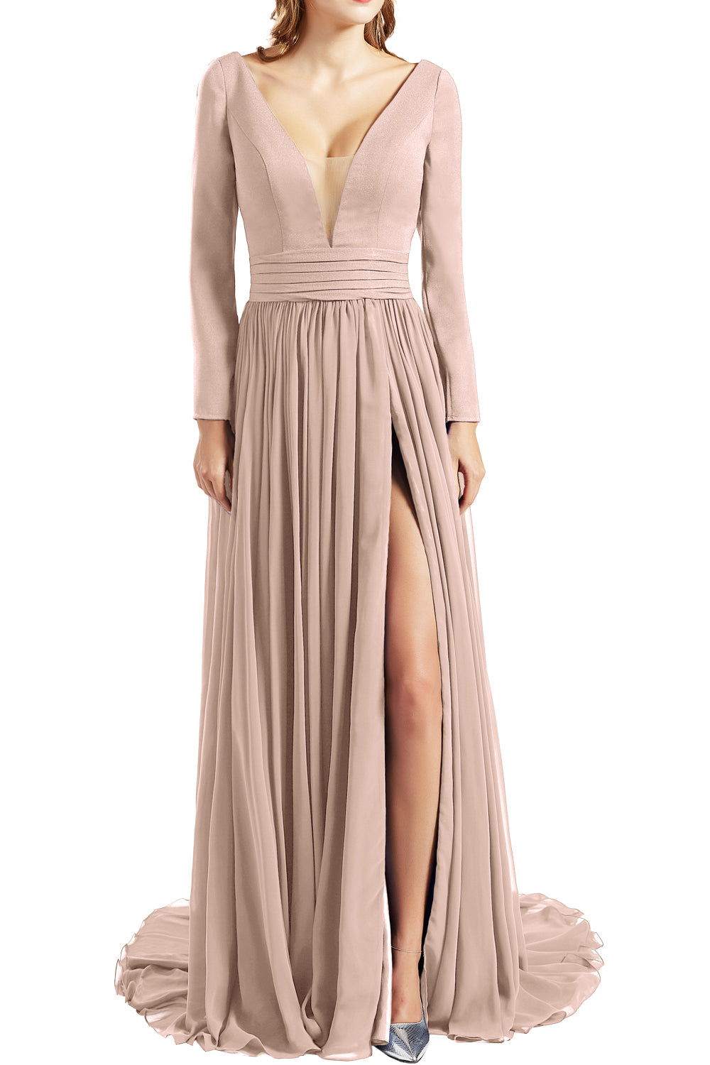 MACloth Women Plunging V Neck Long Sleeves Prom Dresses formal Evening Gown Slit