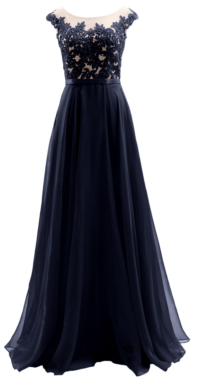 MACloth Cap Sleeves Illusion Long Prom Dress Lace Chiffon Wedding Party Dress