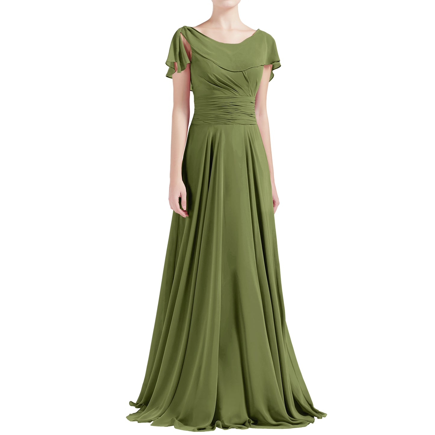 MACloth Damen O-Ausschnitt Rüschen Kurze Ärmel A-Linie Maxikleid Hochzeit Brautjungfernkleid