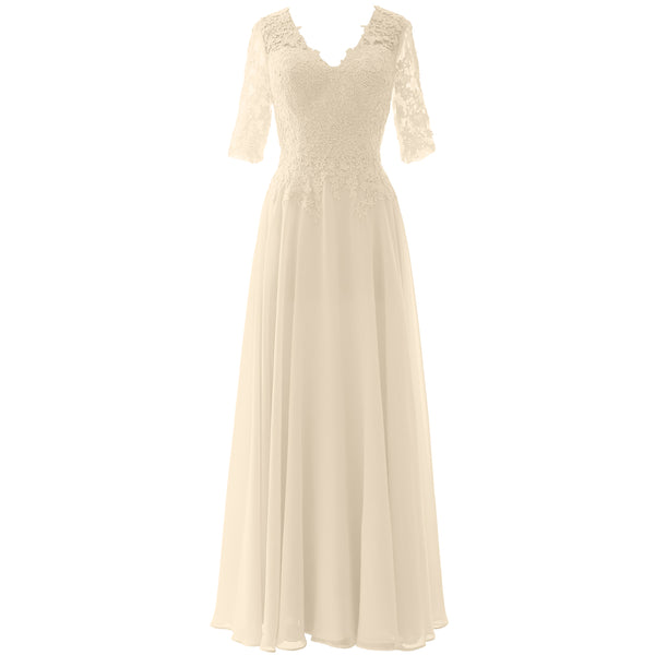 MACloth Long Maxi Mother Bride Dresses Short Sleeve Lace V Neck Evening Gown
