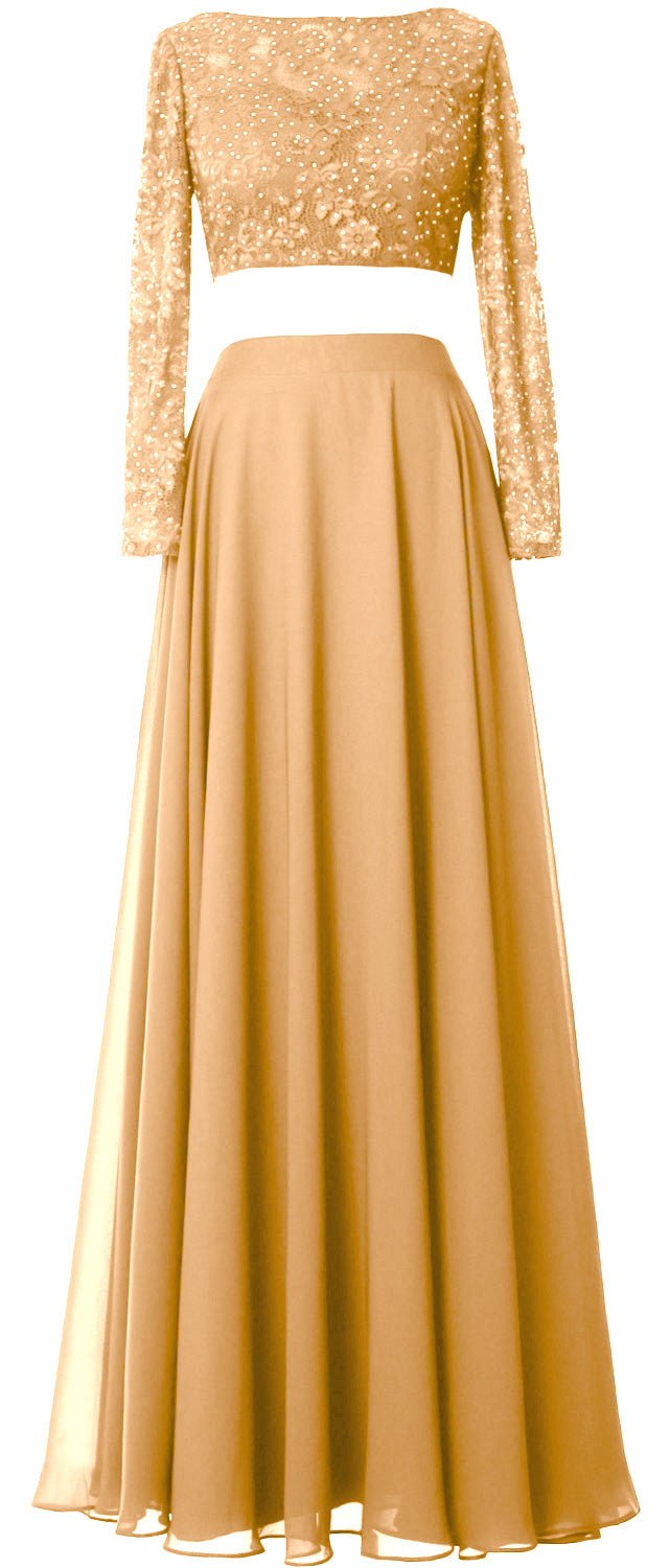 MACloth Damen Abendkleid aus Spitze und Chiffon, 2-teilig, lange Ärmel, Ballkleid