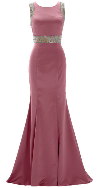 MACloth Women Boat Neck with Beaded Formal Evening Gown Sheath Satin Prom Dress