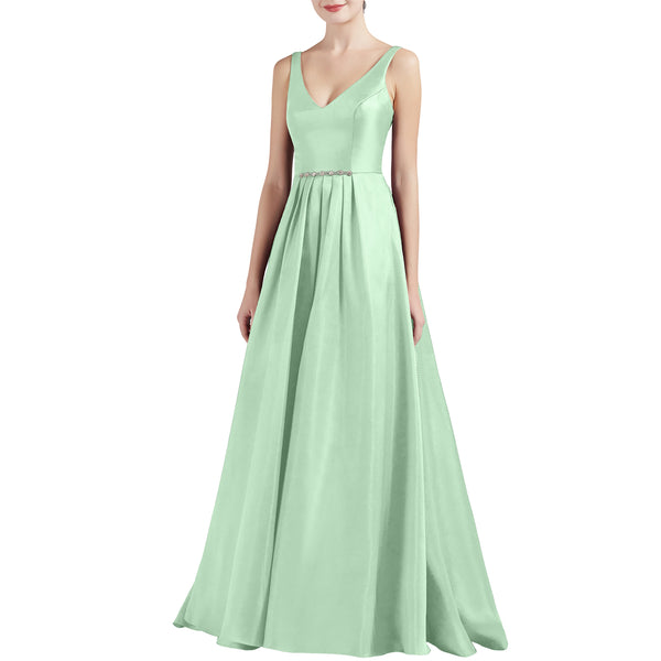 MACloth Women A Line V Neck Long Satin Prom Party Dresses Wedding Ball Gown