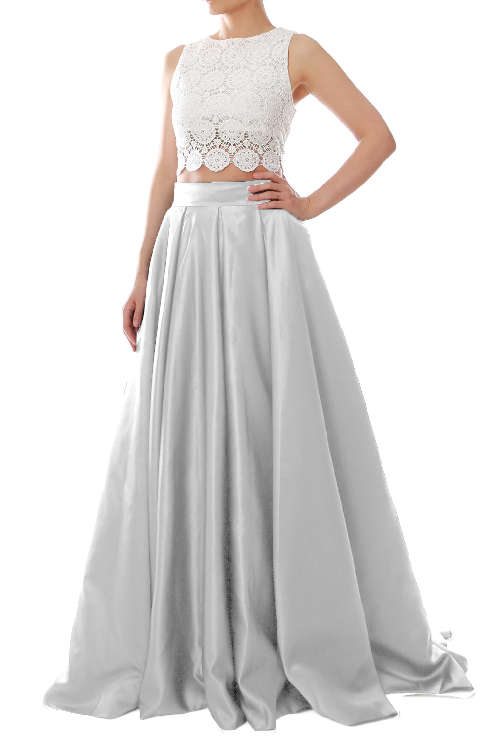 MACloth Women Two Piece O Neck Lace Long Prom Homecoming Dress Evening Ball Gown