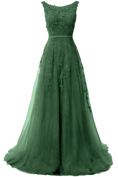 MACloth Lace Prom Dresses Boat Neck Sleeveless Lace Wedding Formal Evening Gown