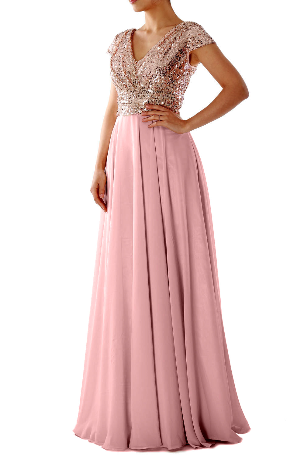 Cap Sleeves V Neck Sequin Chiffon Rose Gold Bridesmaid Dress