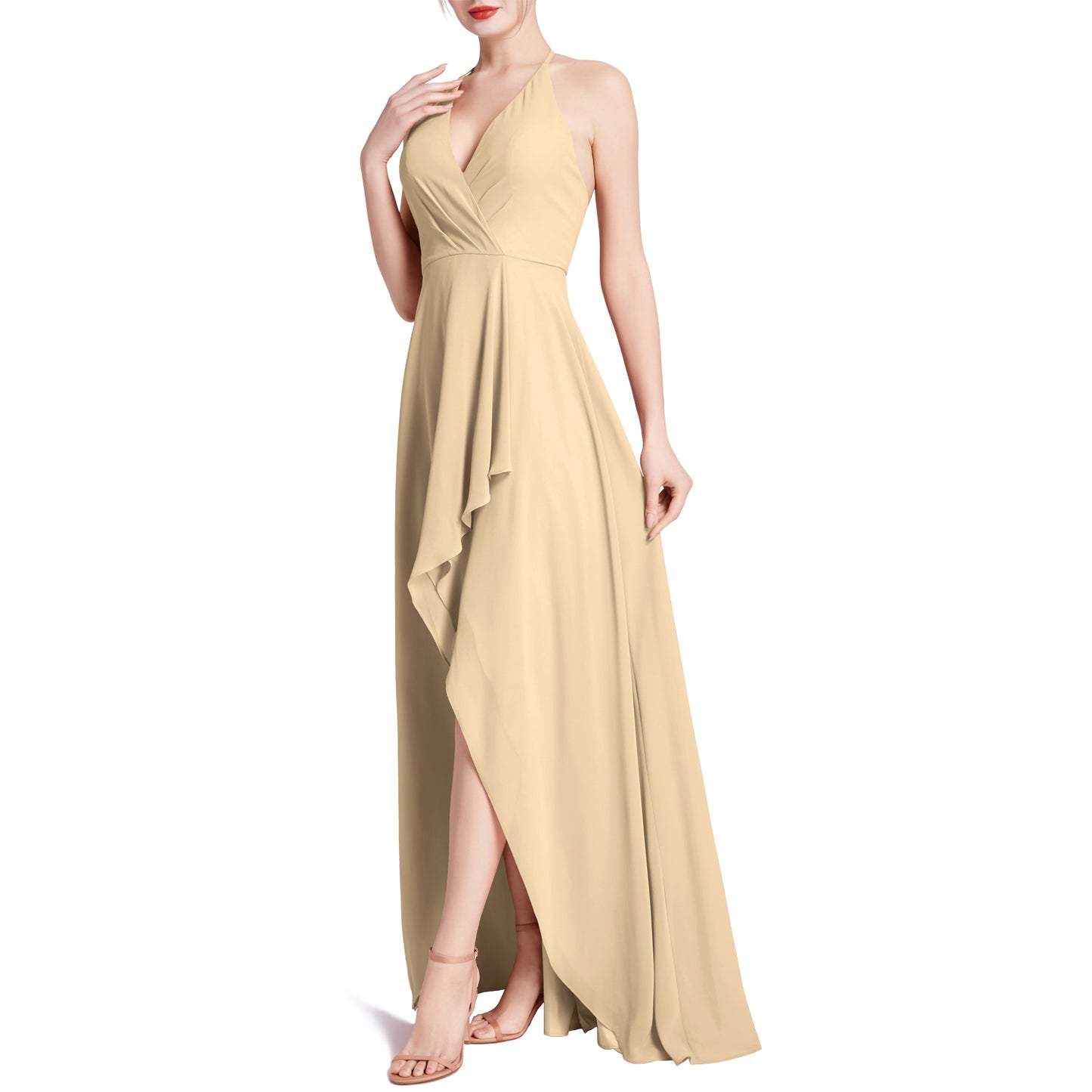 MACloth Women V Neck Halter Hi Lo Long Wedding Party Bridesmaid Dresses