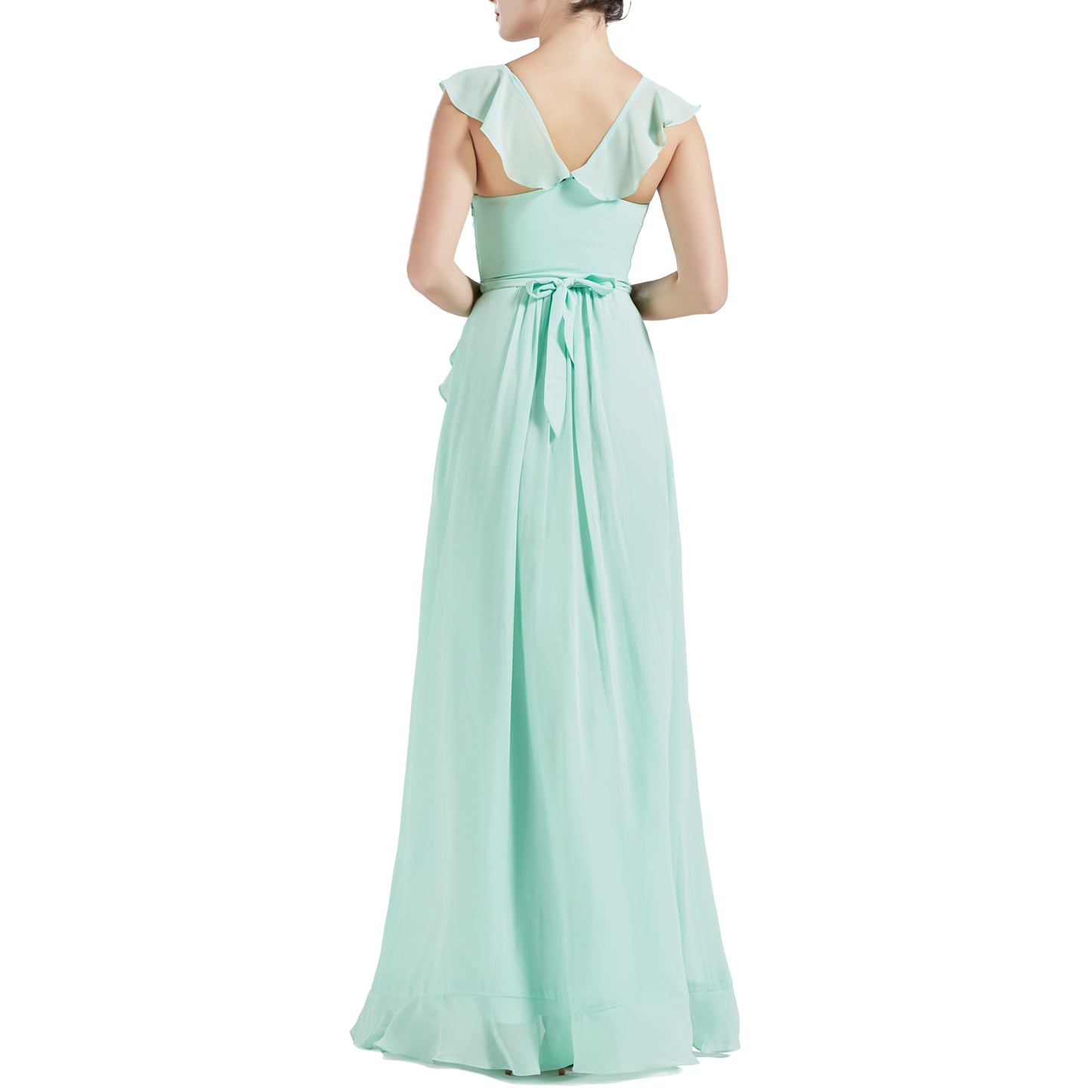 MACloth Women V Neck Ruffle Cap Sleeve Hi-Lo Long Wedding Bridesmaid Dresses