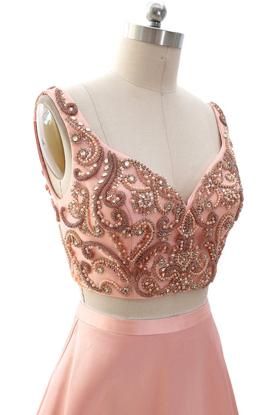 MACloth Women Two Piece V Neck Beaded Prom Dress Crop Top Formal Evening Gown