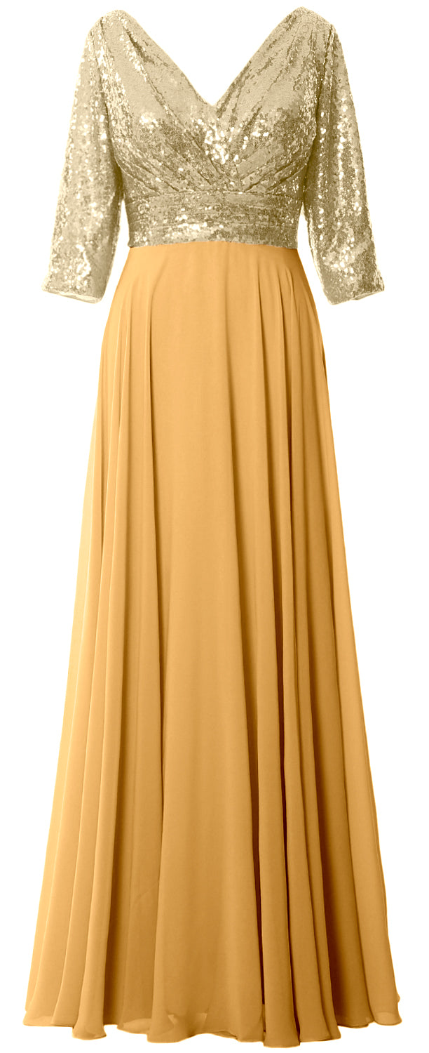 Macloth Women Long Sleeve V Neck Long Sequin Mother of Bride Dresses Maxi Gown Light Gold-Gold / Above Knee / Custom Size