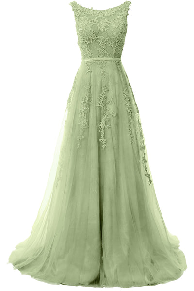 MACloth Lace Prom Dresses Boat Neck Sleeveless Lace Wedding Formal Evening Gown