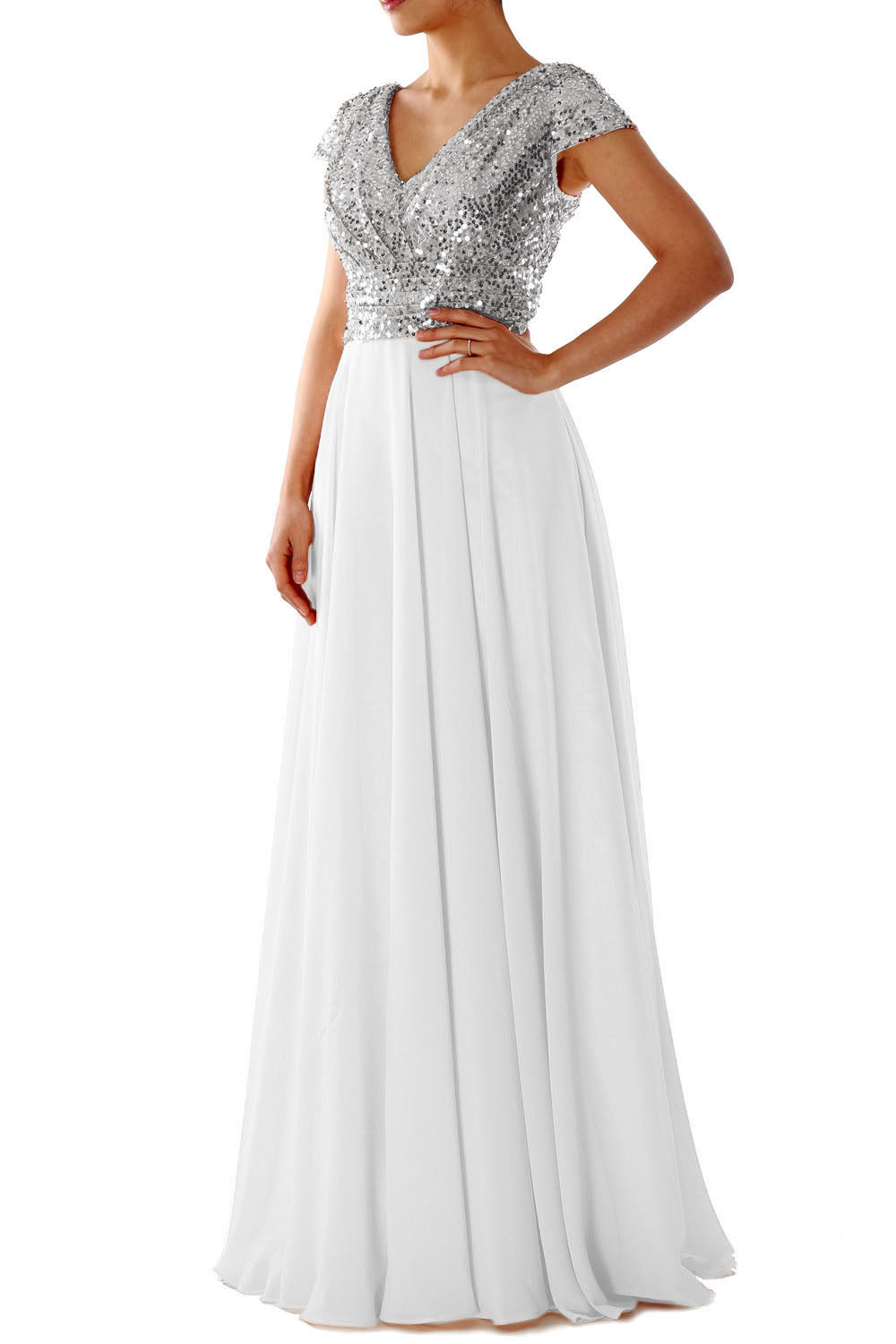 Cap Sleeves V Neck Sequin Chiffon Rose Gold Bridesmaid Dress