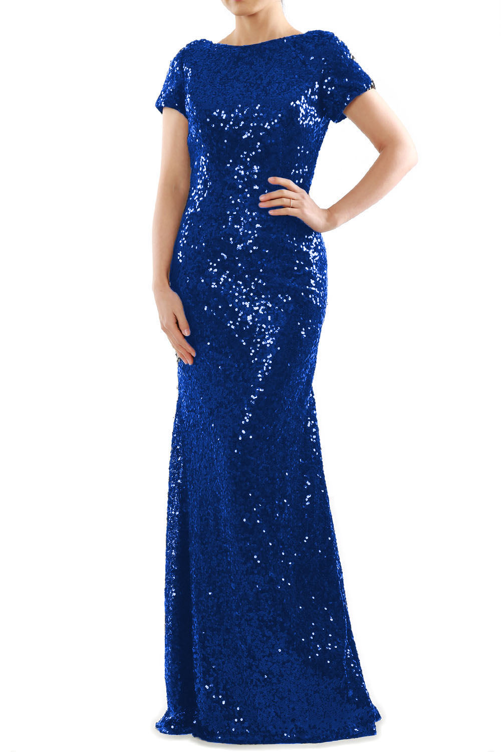 Vestido de noche formal de dama de honor largo con lentejuelas y mangas cortas de sirena de MACloth