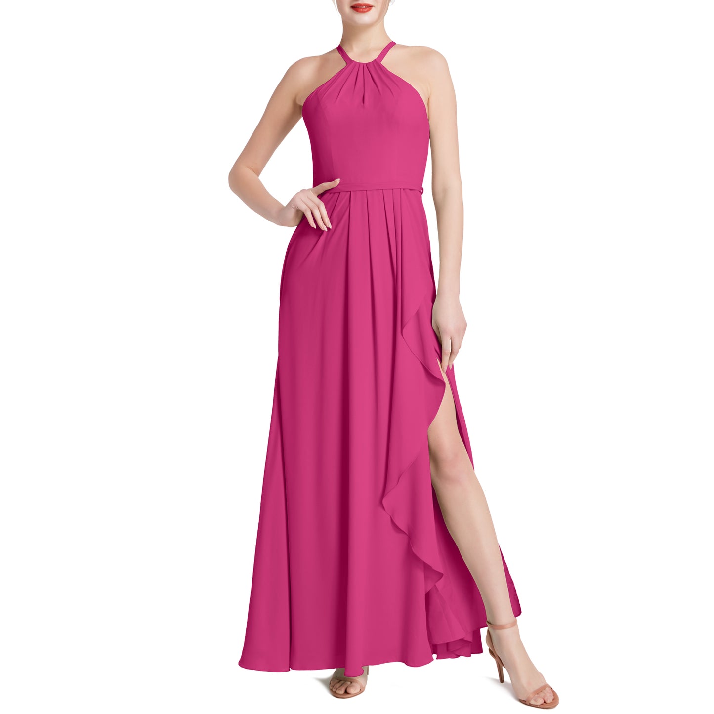 MACloth Damen Neckholder Langes Maxikleid für Hochzeit, Party, Brautjungfern, mit drapiertem Schlitz