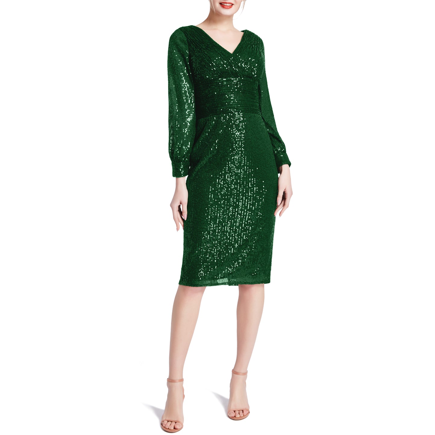 MACloth Damen Empire-Kleid mit V-Ausschnitt, langen Ärmeln und Pailletten, kurz, Cocktailparty-Kleid