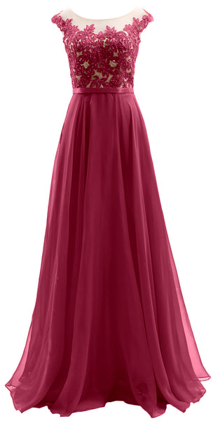 MACloth Cap Sleeves Illusion Long Prom Dress Lace Chiffon Wedding Part