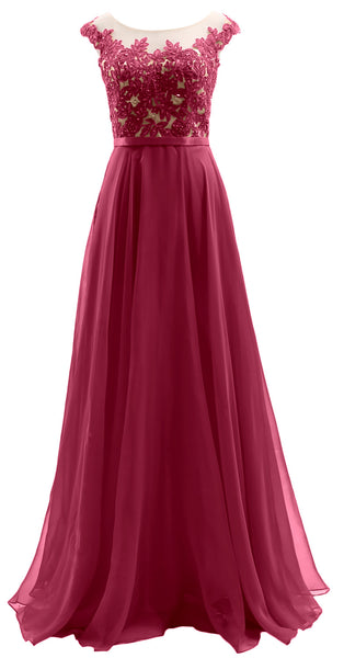 MACloth Cap Sleeves Illusion Long Prom Dress Lace Chiffon Wedding Party Dress