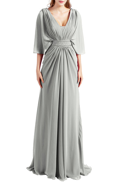 MACloth Women Elegant Long V Neck Mother of Bride Dresses Evening Gown Sleeves