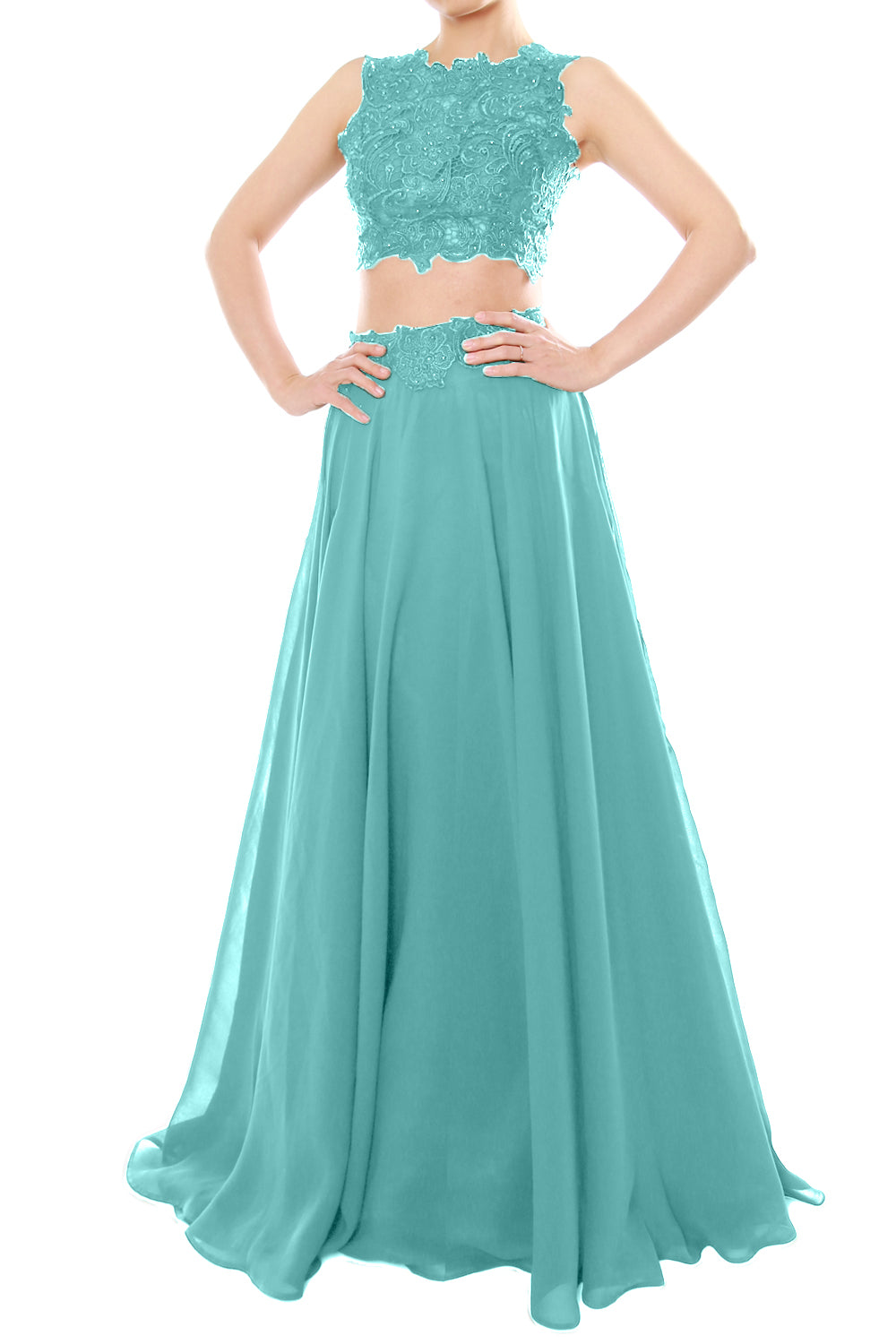 MACloth Vestido largo de gasa con encaje y cuello alto de dos piezas para mujer, vestido de fiesta formal para graduación