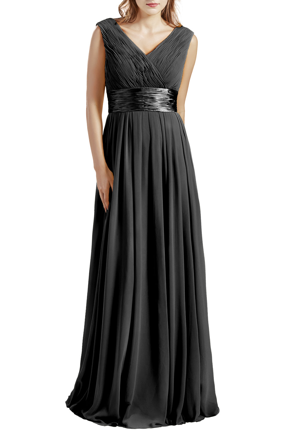 MACloth Damen Langes V-Ausschnitt Chiffon Brautjungfernkleid mit Rüschen BD