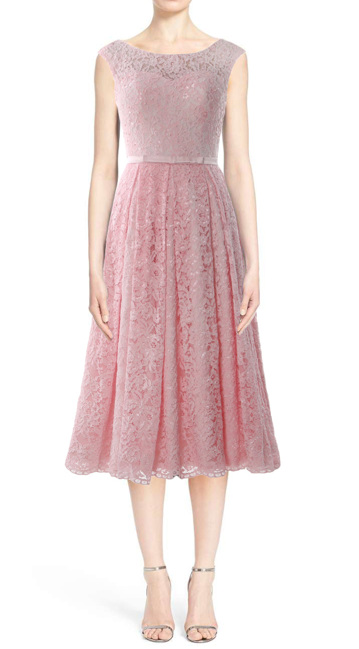 MACloth Women Tea Length Mother Bride Gown Dresses Cap Sleeve Lace Midi Corset