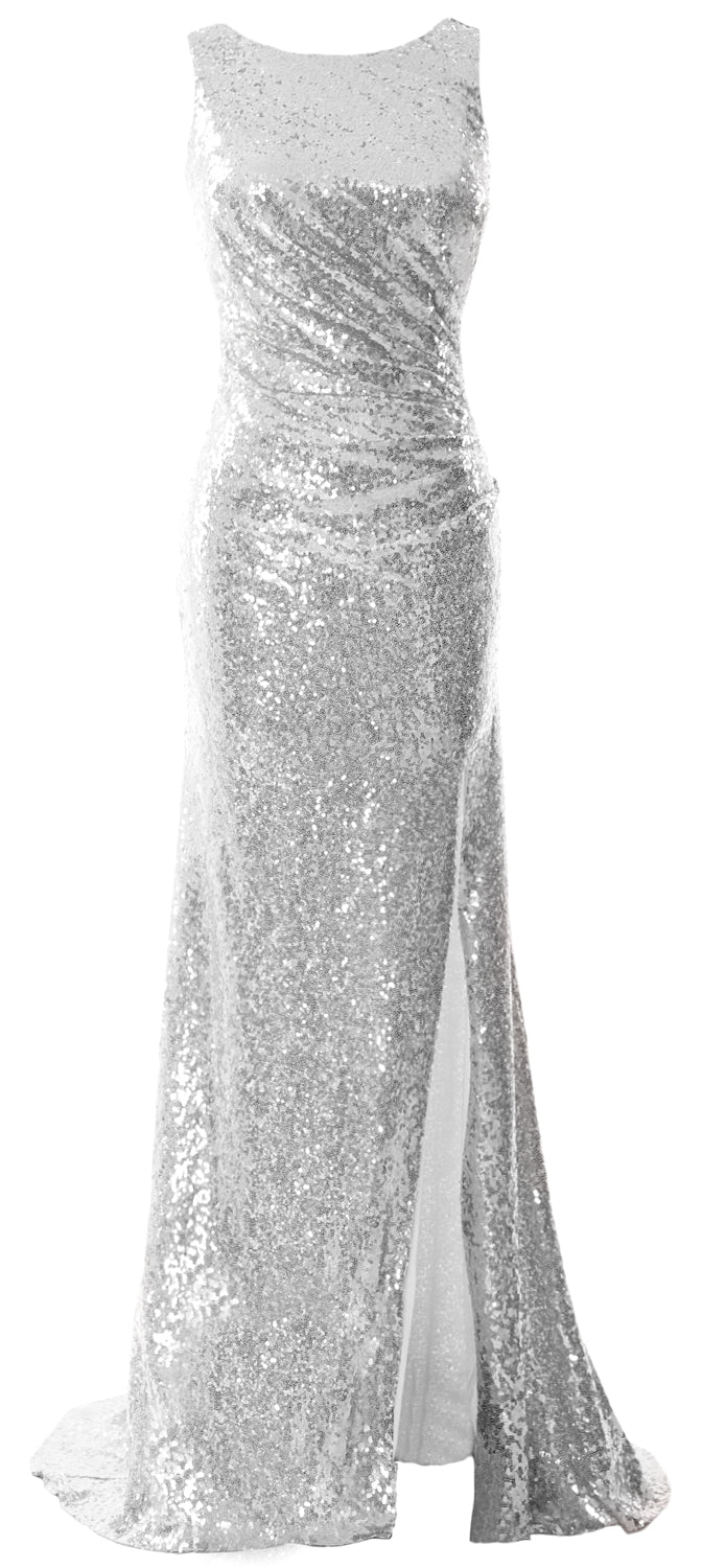 MACloth Women Sequin Long Bridesmaid Dresses Cowl Back Prom Evening Gown Split