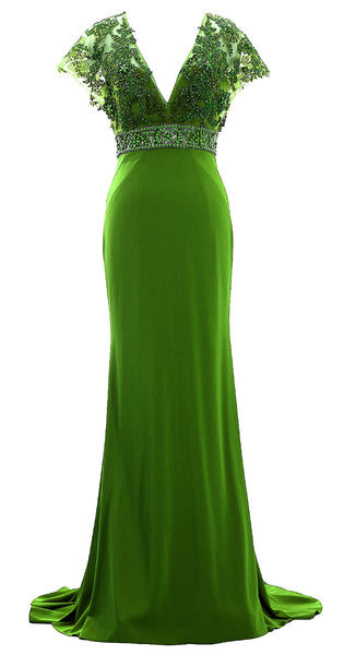 MACloth Women Cap Sleeve V Neck Evening Gown Sheath Beaded Mother of Bride Dress