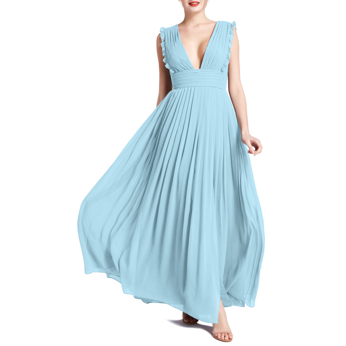 MACloth Women V Neck Ruffle Long Pleated Wedding Party Bridesmaid Dresses