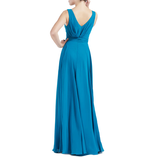 MACloth Women V Neck Long Pleated A Line Wedding Party Bridesmaid Dresses Slit