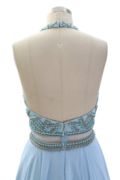 MACloth Women Halter V Neck Beaded Formal Evening Gown Two Piece Long Prom Dress