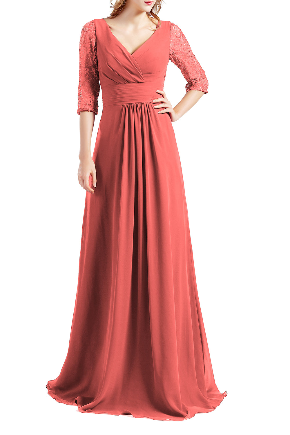 MACloth Damen-Kleid, Halbarm, V-Ausschnitt, Spitze, lang, für Hochzeit, Party, Brautjungfer, Mutter