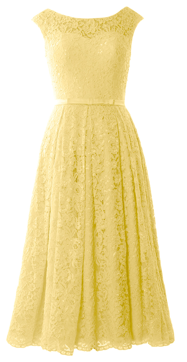 MACloth Women Tea Length Mother Bride Gown Dresses Cap Sleeve Lace Midi Corset