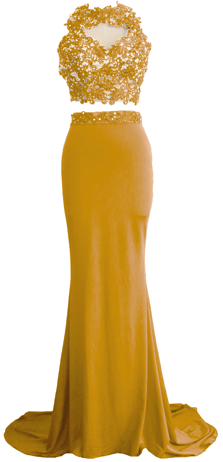 MACloth Damen Meerjungfrau 2-teiliges langes Ballkleid aus Spitze und Jersey, Abendkleid