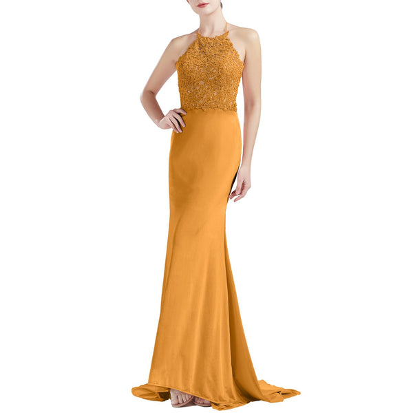 MACloth Women Sleeveless Halter Jersey Mermaid Long Prom Party Dresses Evening