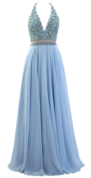 MACloth Women Halter V Neck Beaded Formal Evening Gown Two Piece Long Prom Dress