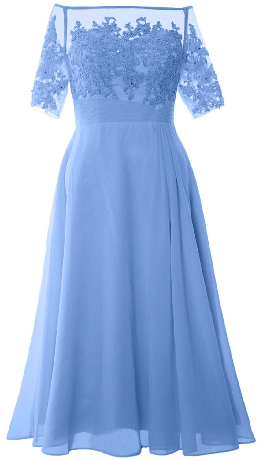 Vestidos de madre de la novia de MACloth, mangas cortas, midi, hombros descubiertos, semi formales