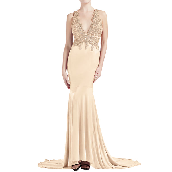 MACloth Women Mermaid V Plunging Neck Lace Long Prom Dresses Formal Evening Gown
