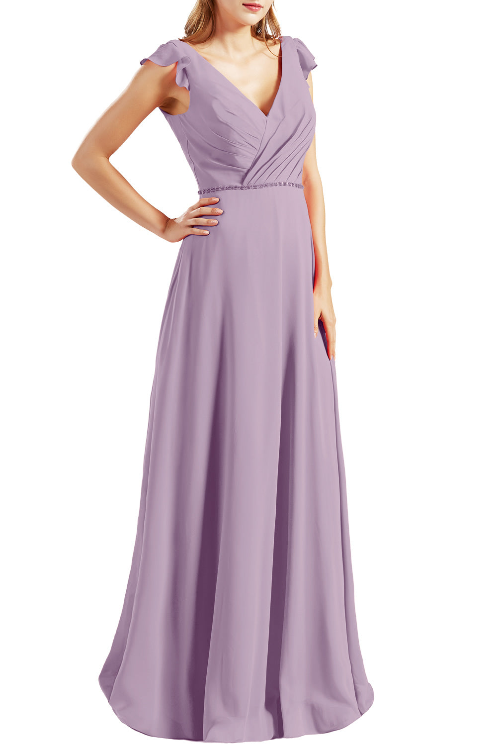 MACloth Women Cap Sleeves V Neck Chiffon Long Bridesmaid Dresses Evening Gown